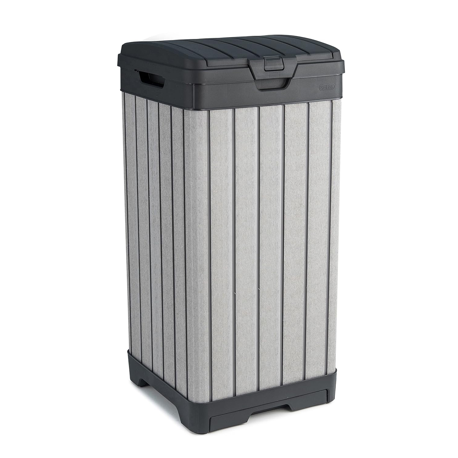 Keter Rockford Resin 38 Gallon Trash Can with Lid and Drip Tray for Easy Cleaning-Perfect for Patios