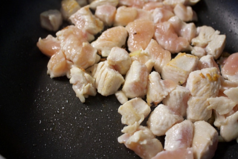 Chicken breast cubes cooked in skillet