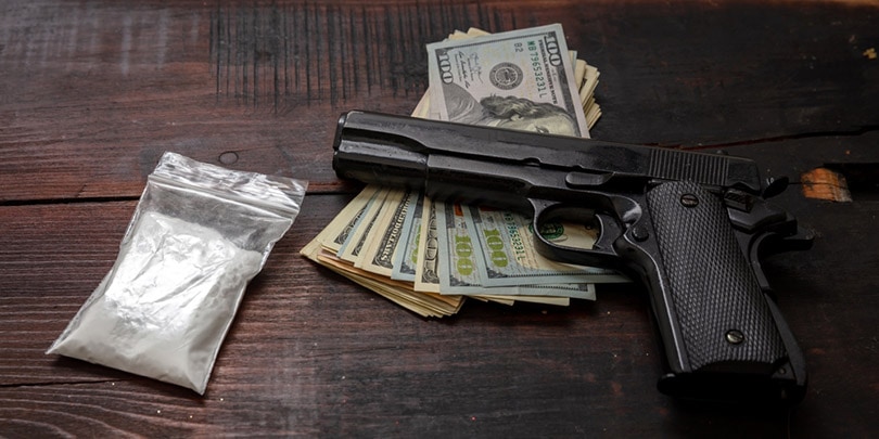 Cocaine plastic packets, pistol and US dollars banknotes on a table