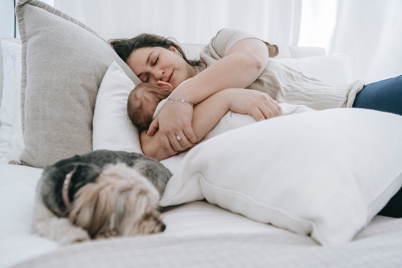 Dog sleeping with woman and baby