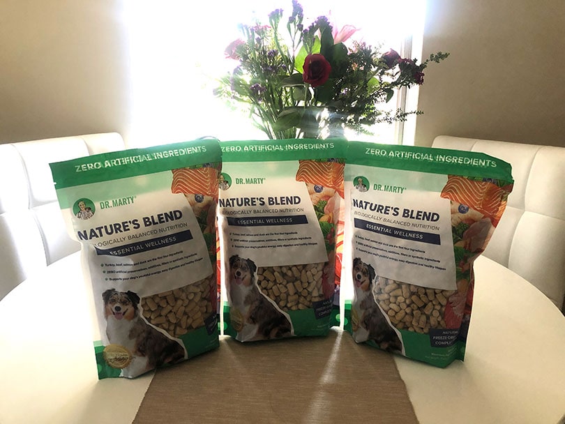 Dr. Marty Nature’s Blend Dog Food 3 packs on the table