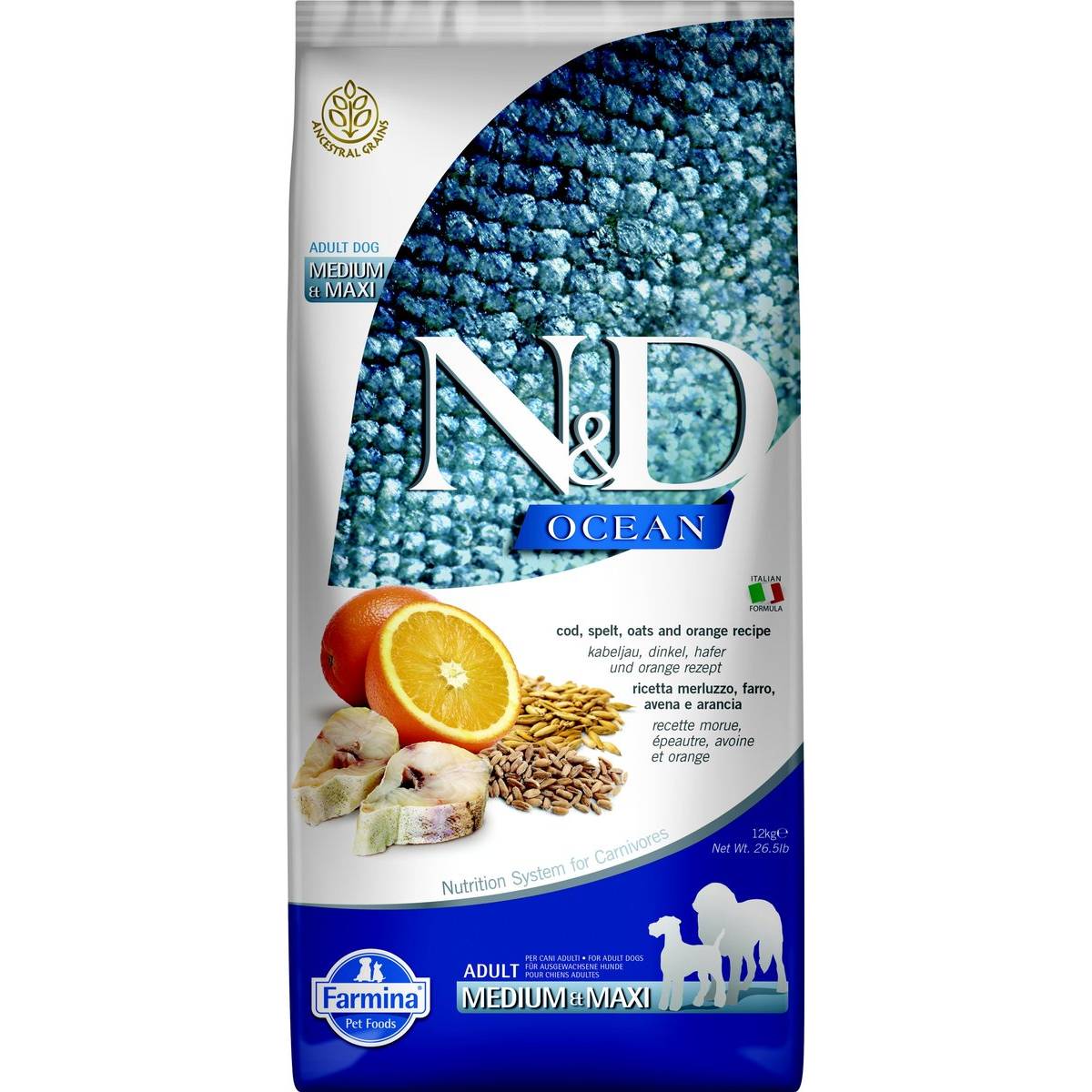 Farmina N&D Ocean Codfish & Orange Ancestral Grain Medium & Maxi Adult Dry Dog Food (1)