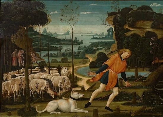 medieval alaunt dog guarding sheep in painting