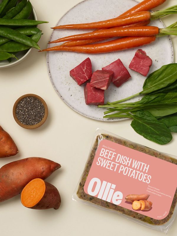 Ollie fresh beef with sweet potatoes packaging and ingredients