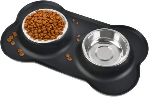 Puppy Bowl Stainless Steel 2-in-1 Design Dog Bowls with Silicone Placemat