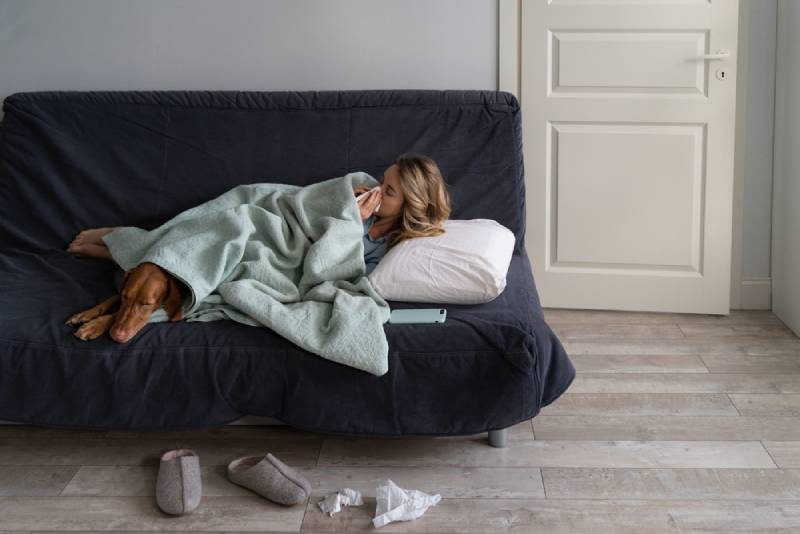 Sick woman at home lying in bed with her Vizsla dog