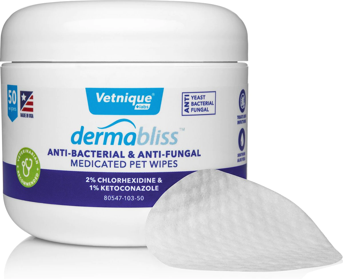Vetnique Labs Dermabliss Medicated Skin Wipes Anti-Bacterial & Anti-Fungal Medicated Hot Spot & Skin Fold Dog & Cat Wipes