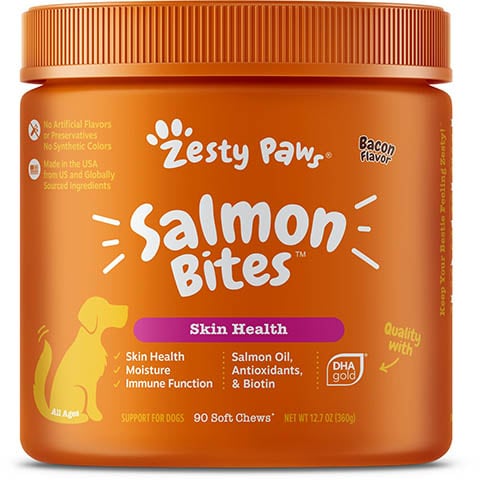 Zesty Paws Salmon Bites Bacon & Salmon Flavored Soft Chews Skin & Coat Supplement for Dogs
