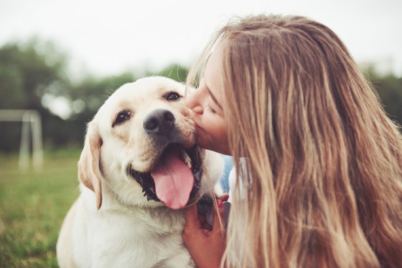 a beautiful girl with golden retriever in a park