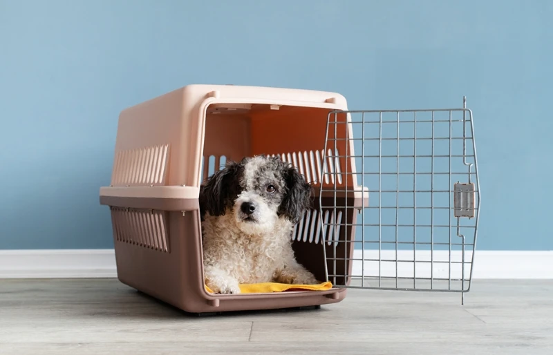 bichon frise dog resting inside a crate