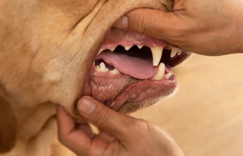 close up of a yellow Dudley labrador dog's mouth showing teeth and gums