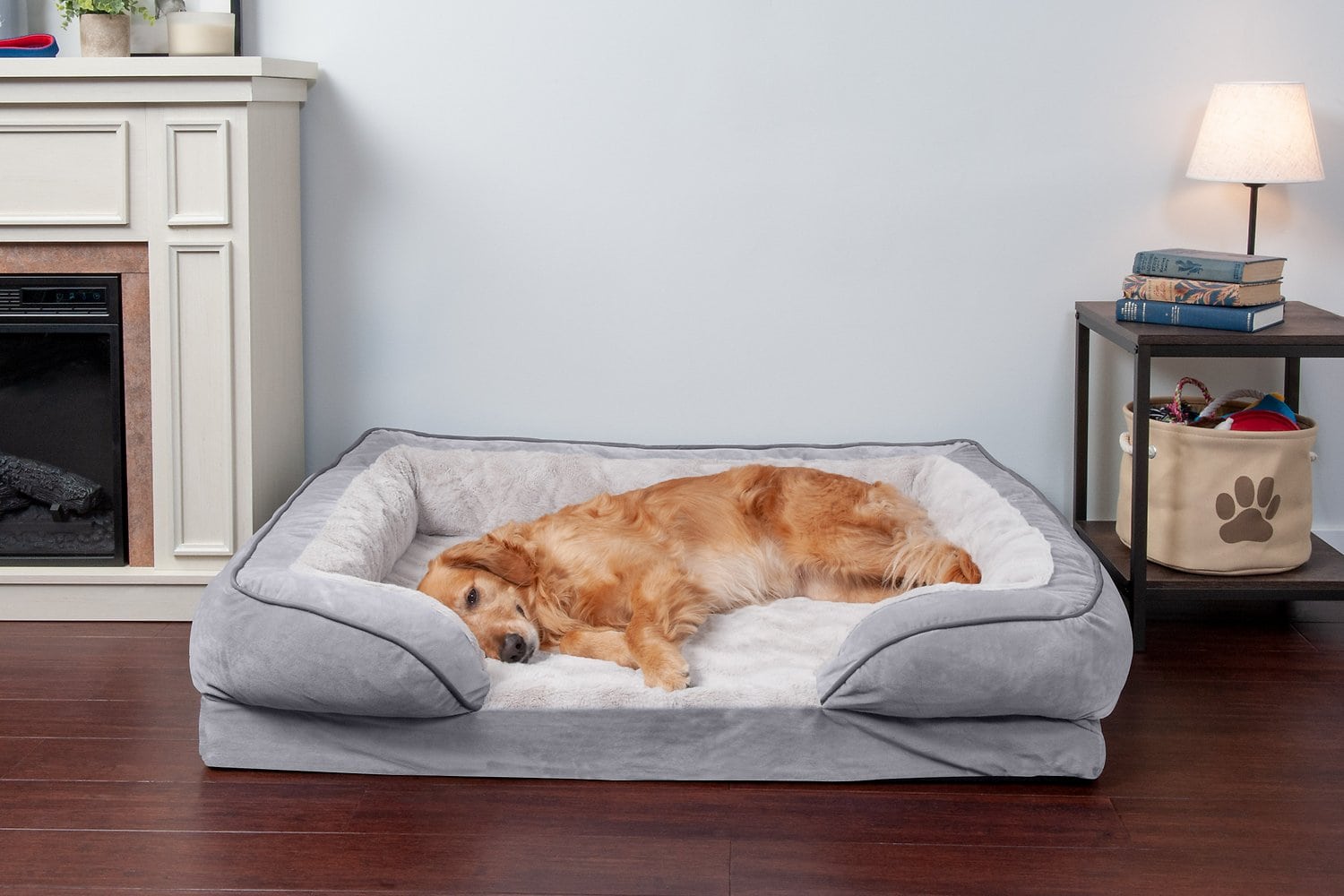 dog sleeping on FurHaven Velvet Waves Perfect Comfort Cooling Gel Bolster Cat & Dog Bed