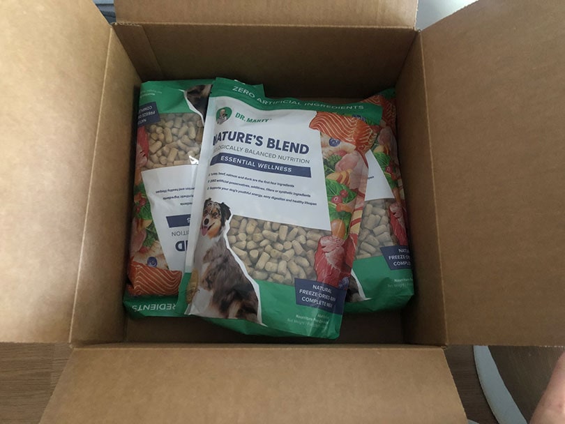 dr. marty nature's blend dog food packs in a box