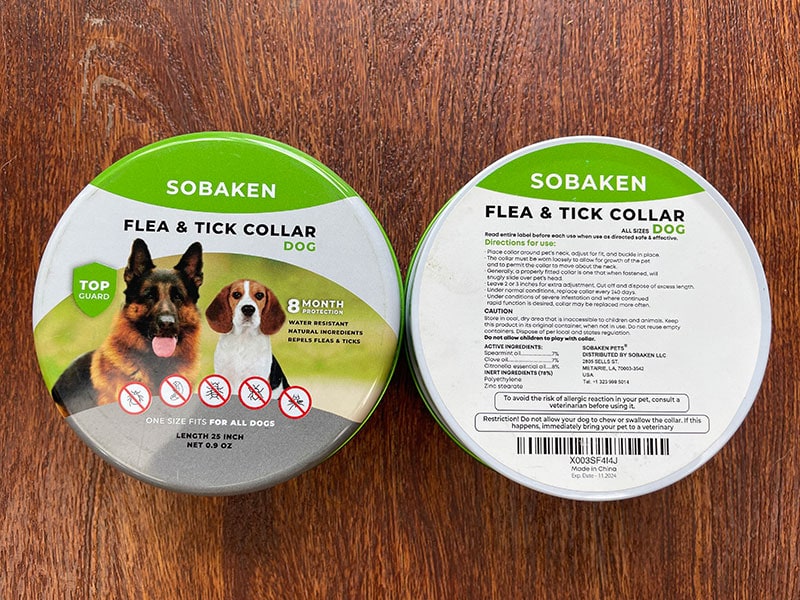 front and back of sobaken flea and tick collar packaging