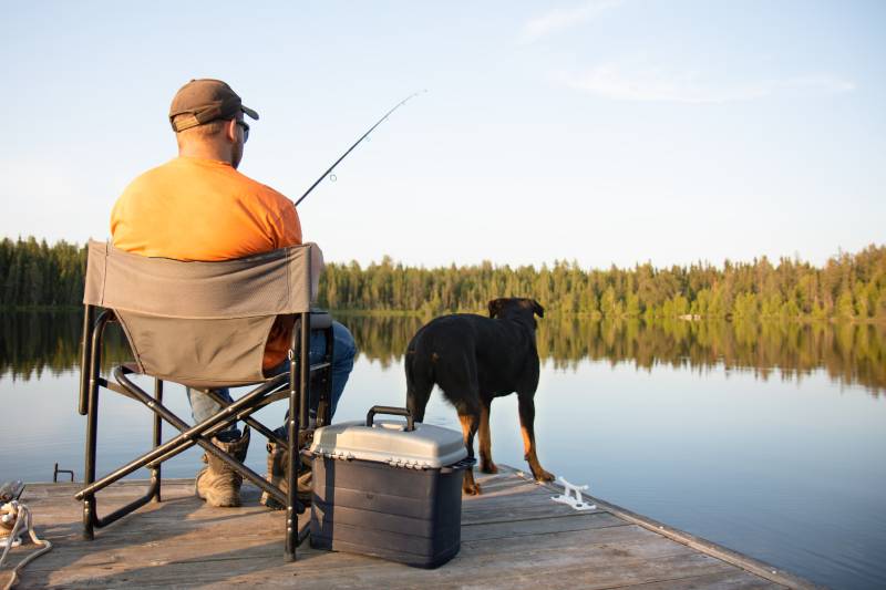 man fishing outside at dusk on a lake in the summer with his dog