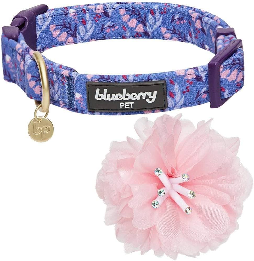 Blueberry Pet Floral Power Lily of The Valley Adjustable Dog Collar with Detachable Pink Peony
